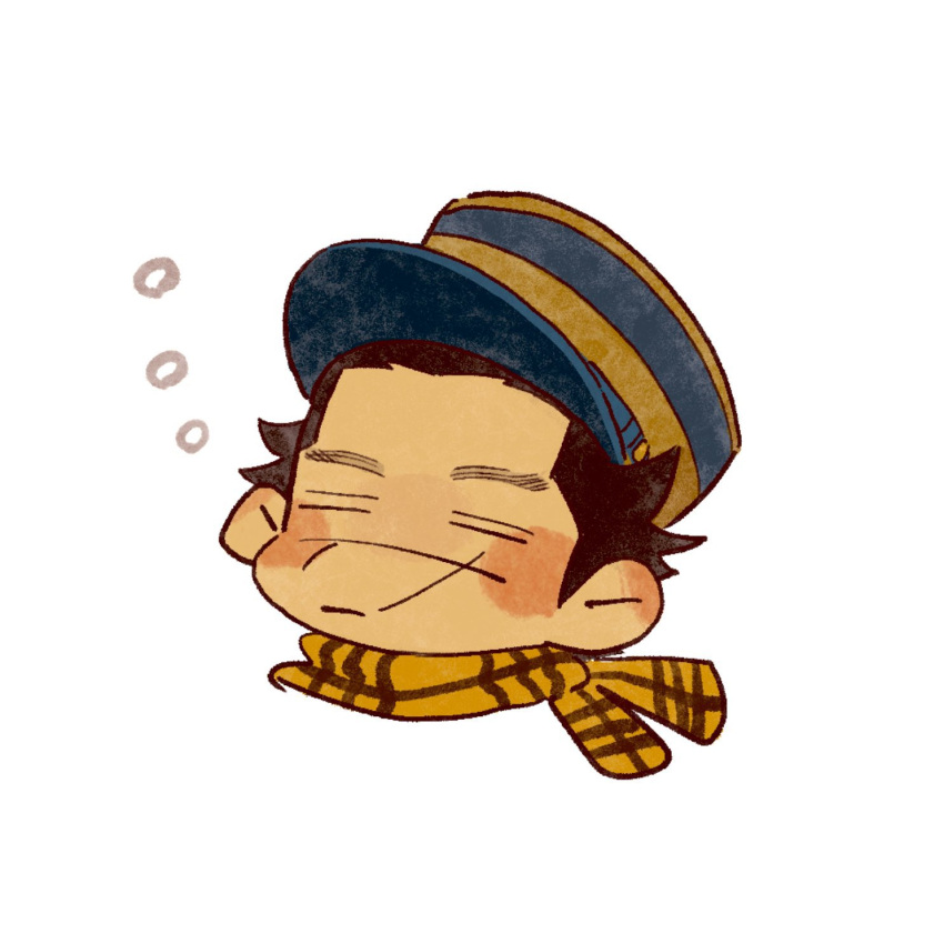 1boy black_hair blush brown_hair chibi cropped_shoulders golden_kamuy hat highres imperial_japanese_army kepi kotta_(pesan102) male_focus military_hat scar scar_on_face scar_on_nose scarf short_hair simple_background sleeping solo spiked_hair sugimoto_saichi white_background yellow_scarf