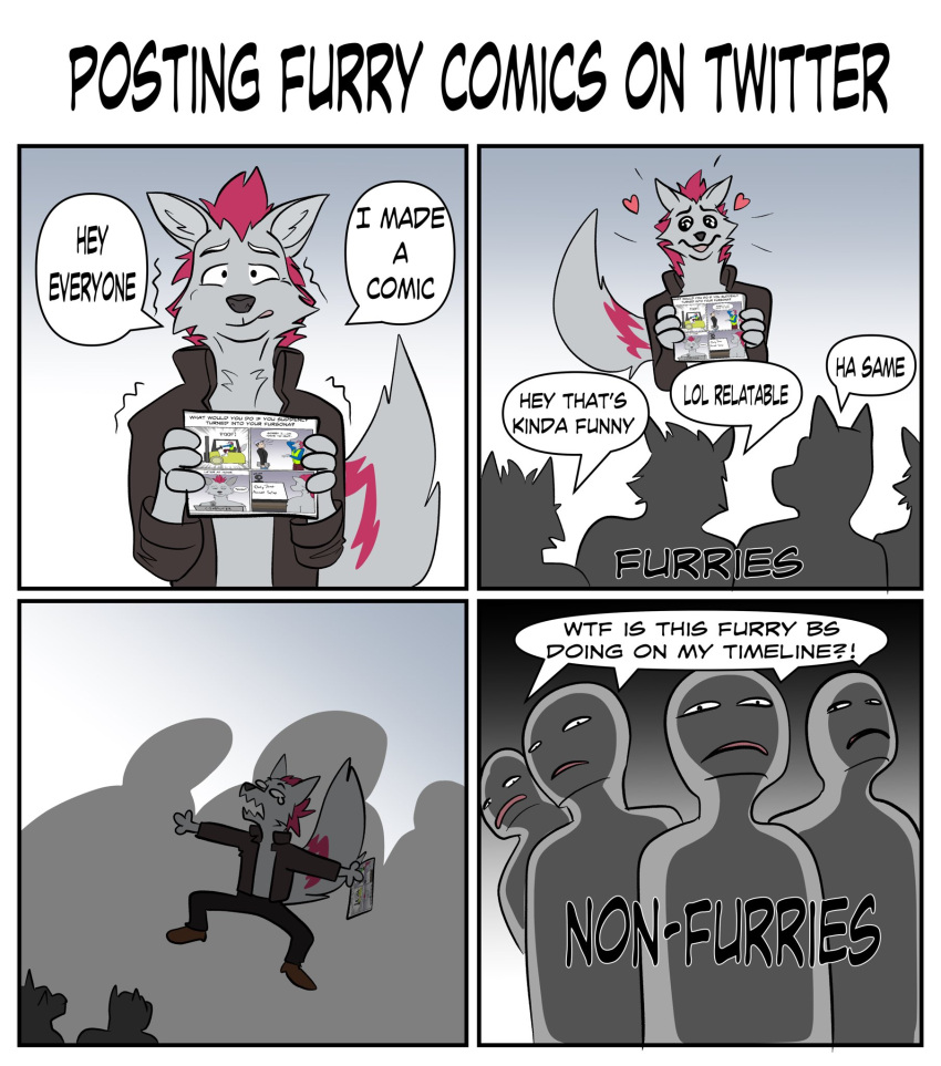 &lt;3 2021 anthro canid canine clothed clothing comic dialogue english_text fox group hair hi_res human humor jacket male mammal motion_lines nervous open_clothing open_jacket open_topwear scared shaking shreddy_(shreddyfox) shreddyfox social_media standing text topwear twitter