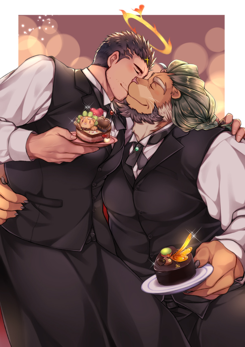 2boys animal_ears bara beard black_hair black_pants blush bulge cake chest_hair chocolate_cake collared_shirt couple facial_hair feet_out_of_frame food formal furry green_hair halo hand_on_another's_shoulder highres holding holding_plate husband_and_husband interspecies kiss large_pectorals lion_boy lion_ears male_focus mature_male multicolored_hair multiple_boys muscular muscular_male pants plate shirt short_hair sitting sitting_on_lap sitting_on_person stubble thick_thighs thighs tokyo_houkago_summoners two-tone_hair valentine white_shirt yaoi yellow_eyes youzora_samo18 zabaniya_(tokyo_houkago_summoners)