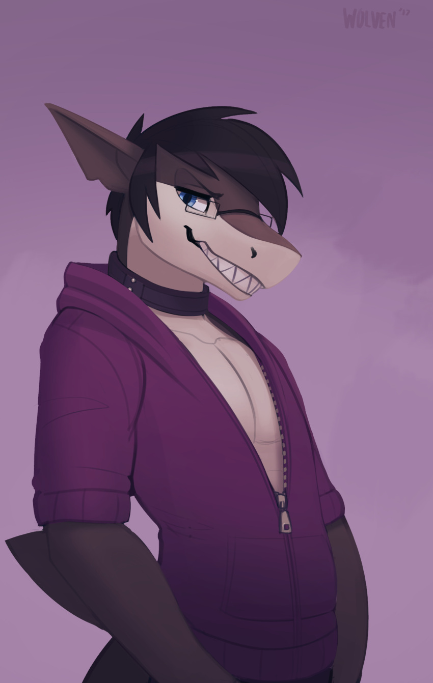 2017 alexander_wedlin anthro biped black_body black_hair blue_eyes clothed clothing collar countershade_face countershading english_text eyewear fish glasses grin hair hi_res hoodie itswolven jacket male marine multicolored_body pink_background purple_clothing purple_jacket purple_topwear shark shark_teeth signature simple_background smile solo teeth text topwear white_body