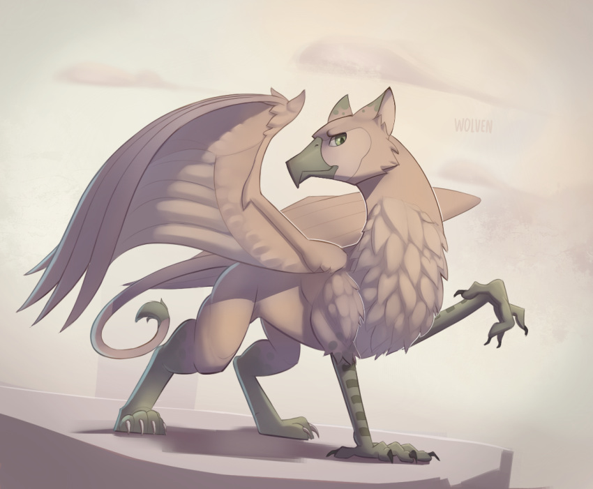 2016 avian beak claws english_text feathered_wings feathers feral fur green_eyes gryphon inner_ear_fluff itswolven jack_(varisart) looking_at_viewer male mythological_avian mythology paws pose quadruped raised_paw signature solo spread_wings standing talons tan_body tan_feathers tan_fur tan_wings text tuft wings