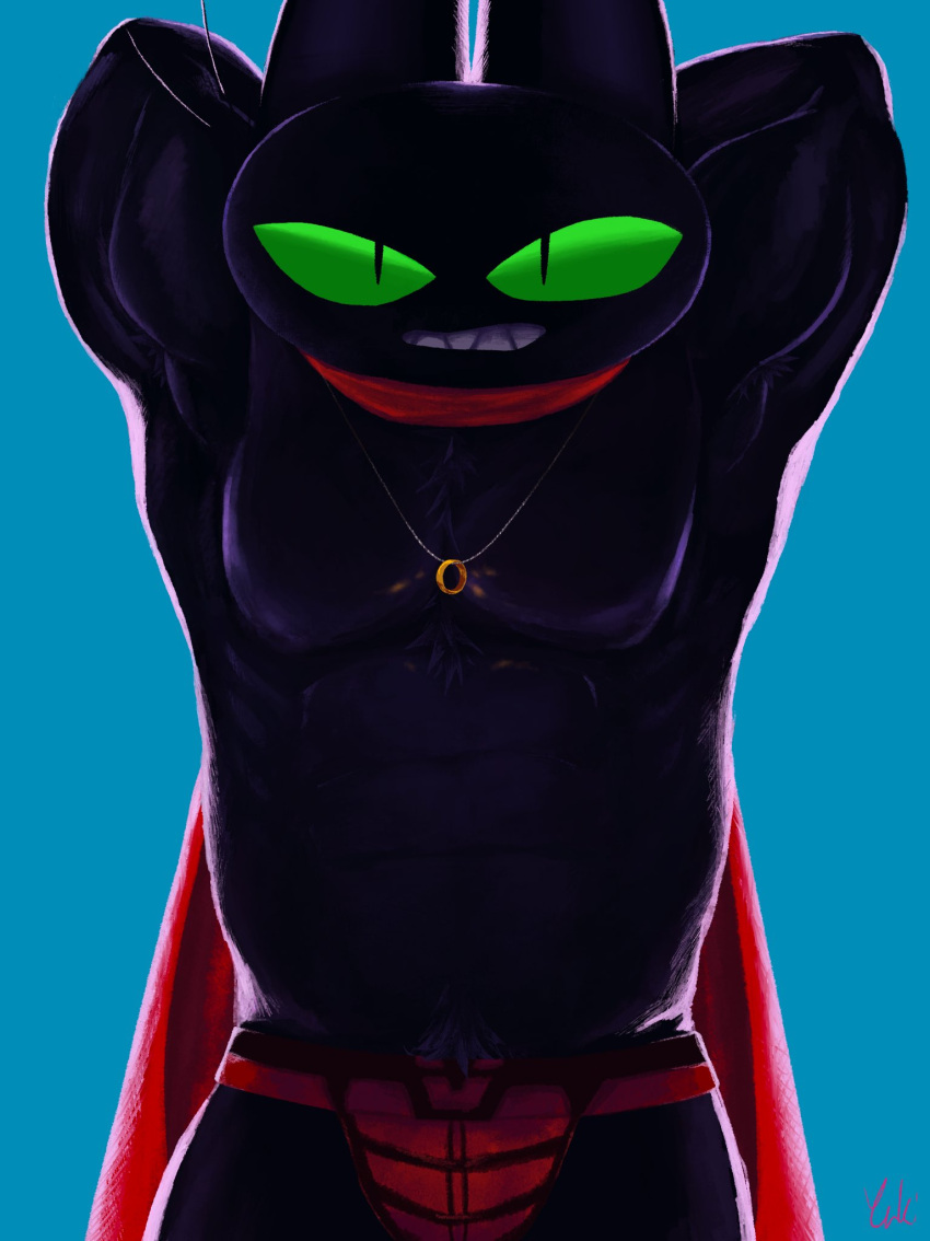 anthro black_body black_fur cape cartoon_network clothing domestic_cat felid feline felis fur green_eyes grin hands_behind_head hi_res invalid_tag is jockstrap male mammal mao_mao:_heroes_of_pure_heart muscular muscular_anthro muscular_male mymu666 pecs red_clothing sheriff_mao_mao_mao smile solo underwear