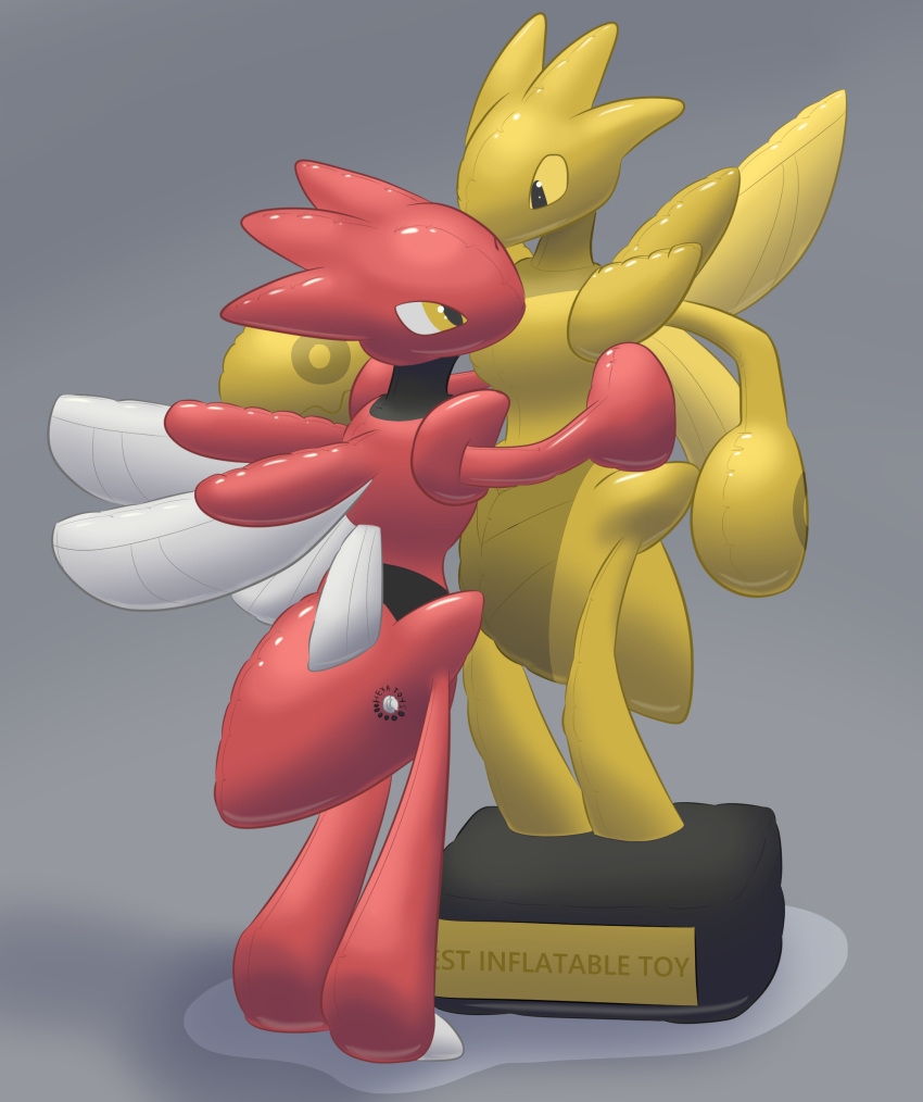 ambiguous_gender animate_inanimate award balloon-quilava duo hexatoy hi_res hug implied_transformation inflatable living_inflatable nintendo nozzle petrification pok&eacute;mon pok&eacute;mon_(species) pool_toy printed_eyes red_body rubber scizor sculpture statue trophy video_games