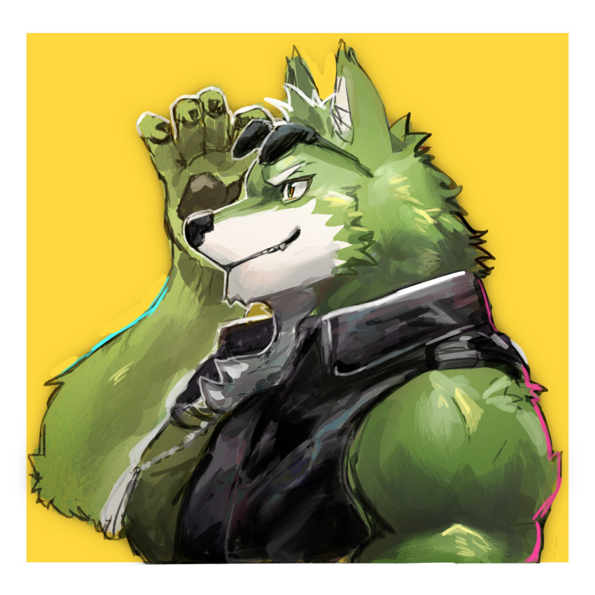 2021 5_fingers anthro black_nose canid canine canis clothed clothing dog_tags eyewear fingers fur green_body green_fur hi_res humanoid_hands live-a-hero male mammal multicolored_body multicolored_fur muscular muscular_anthro muscular_male neumokun pawpads sleeveless_shirt solo stakeho_lder sunglasses topwear two_tone_body two_tone_fur white_body white_fur wolf wolf_villain_(live-a-hero)