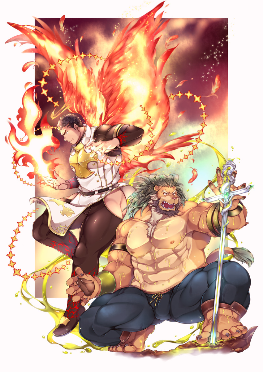 2boys abs action animal_ears arsalan_(tokyo_houkago_summoners) ass bara barefoot beard black_hair bulge chest_hair couple cross facial_hair fiery_wings fighting_stance fingernails fire full_body furry green_hair halo highres hip_vent interspecies large_pectorals lion_boy lion_ears lion_tail male_focus mature_male multicolored_hair multiple_boys muscular muscular_male nipples paws pelvic_curtain planted_sword planted_weapon sharp_fingernails shirtless short_hair squatting stomach stubble sword tail thick_thighs thighs tokyo_houkago_summoners two-tone_hair weapon yellow_eyes youzora_samo18 zabaniya_(tokyo_houkago_summoners)