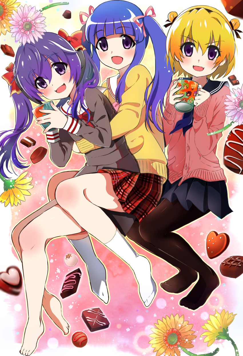 3girls :d alternate_costume alternate_hair_length alternate_hairstyle arms_around_waist bangs barefoot black_hairband black_legwear black_sailor_collar black_skirt blonde_hair blue_hair blush bow buttons cardigan character_print chocolate commentary_request eyebrows_visible_through_hair fang floating_hair flower full_body furude_rika gradient gradient_background grey_cardigan grey_skirt hair_between_eyes hair_bow hair_ribbon hairband hands_up hanyuu happy highres higurashi_no_naku_koro_ni holding_up houjou_satoko hug hug_from_behind kneehighs long_hair long_sleeves looking_at_viewer mashimaro_tabetai multiple_girls neckerchief no_shoes open_mouth pantyhose pink_cardigan pink_flower pink_neckwear pink_ribbon plaid plaid_skirt pleated_skirt purple_eyes purple_hair purple_neckwear red_bow red_neckwear red_skirt ribbon ryuuguu_rena sailor_collar school_uniform serafuku shiny shiny_hair short_hair skin_fang skirt smile sonozaki_mion twintails two_side_up valentine very_long_hair white_legwear white_sailor_collar yellow_cardigan yellow_flower