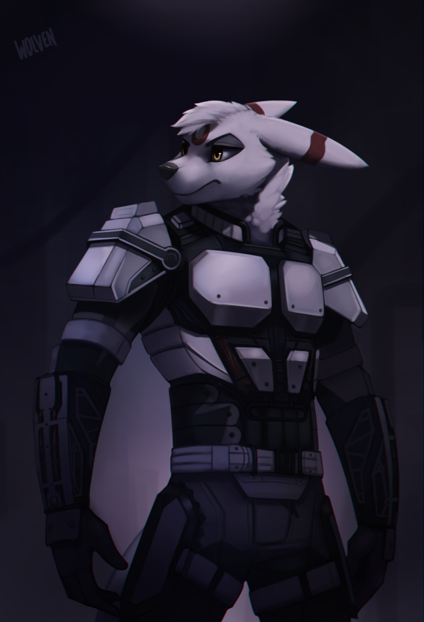 2017 anthro armor biped black_nose clothed clothing eeveelution english_text fur half-length_portrait hi_res itswolven looking_aside male markings nintendo pok&eacute;mon pok&eacute;mon_(species) portrait pose red_markings signature solo standing surge_(shadow7128) text umbreon video_games white_body white_fur x-com yellow_eyes