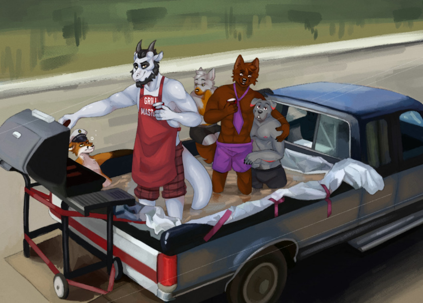apron bbq beard beverage canid canine canis car clothing dar_pomorza domestic_dog dragon facial_hair food fox gumiboie hand_over_shoulder light_truck male mammal necktie outside partially_submerged pickup_truck road swimwear truck_(vehicle) vehicle vethuleion