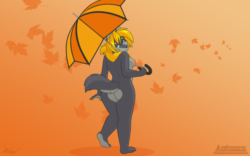anthro autumn autumn_colors black_nose blonde_eyebrows blonde_hair blue_eyes butt canid canine canis countershade_butt countershade_face countershade_feet countershade_torso countershading digital_media_(artwork) english_text eyebrows feet female full-length_portrait fur grey_body grey_countershading grey_fur hair helsy hi_res holding_object holding_umbrella lafille leaf light_countershading looking_at_viewer looking_back looking_back_at_viewer mammal nipples open_mouth pink_nipples plantigrade portrait rear_view signature simple_background solo text umbrella walking wallpaper wolf