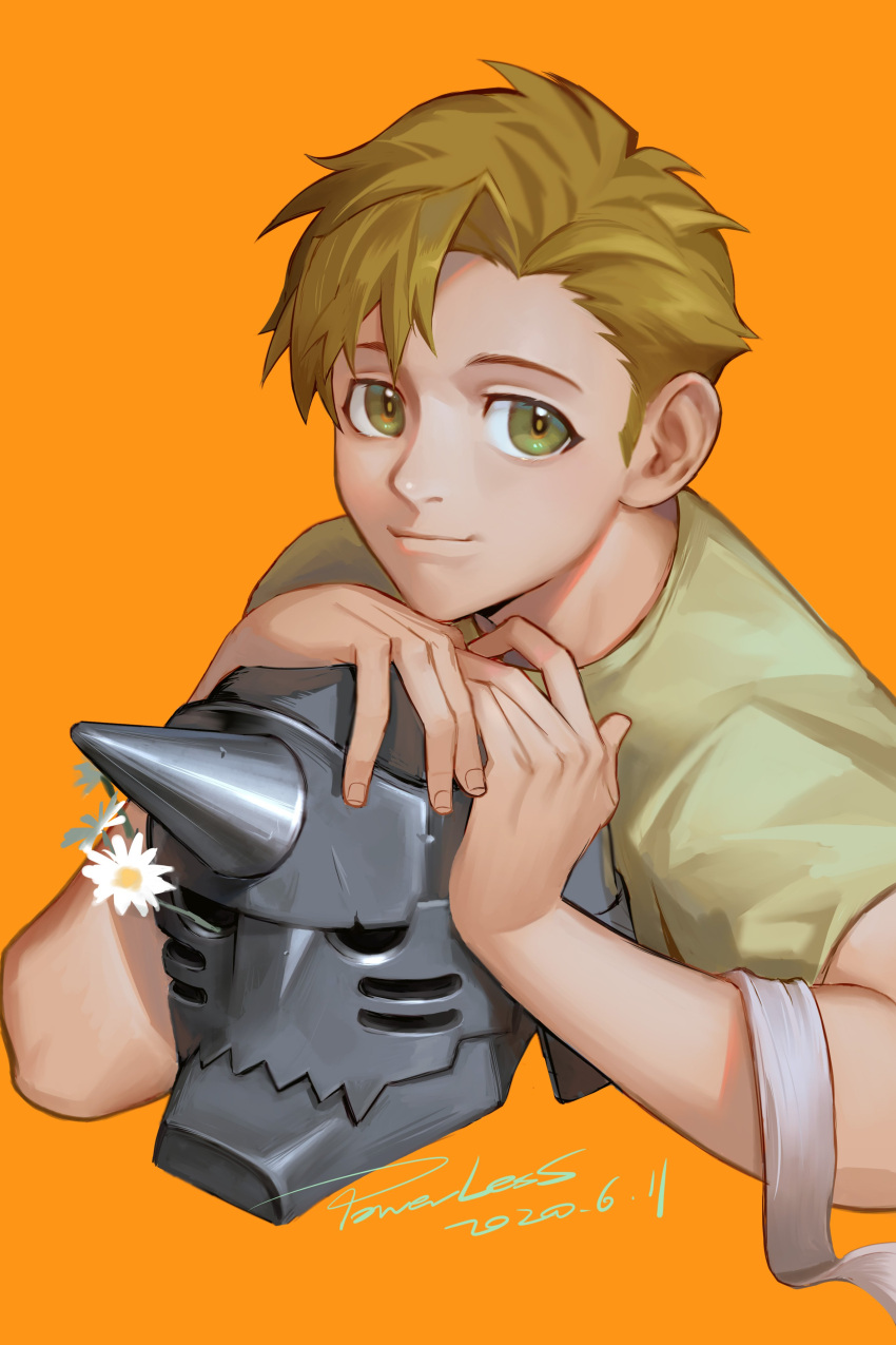 1boy 2020 absurdres alphonse_elric artist_name beige_shirt chinese_commentary closed_mouth commentary_request cropped_torso daisy dated fingernails flower fullmetal_alchemist happy head_rest helmet highres leaf light_brown_hair light_smile looking_at_viewer male_focus orange_background powerlesssong shiny shiny_hair shirt short_sleeves simple_background tareme white_flower yellow_eyes