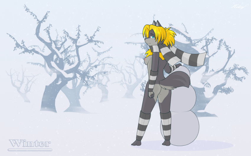 anthro blonde_hair blue_eyes bottomless breasts butt canid canine canis chest_tuft clothed clothing countershade_butt countershade_face countershade_tail countershade_torso countershading digital_media_(artwork) english_text female footwear fur grey_body grey_countershading grey_fur hair helsy lafille legwear light_countershading looking_at_viewer looking_back looking_back_at_viewer mammal nipples pattern_clothing pattern_footwear pattern_legwear pattern_scarf pattern_socks pink_nipples plant plantigrade rear_view scarf shaded snow snowman socks solo standing striped_clothing striped_footwear striped_scarf striped_socks stripes text topless tree tuft winter wolf