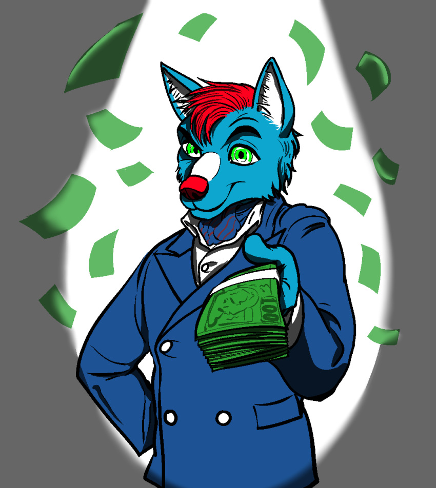 2021 anthro blue_body blue_fur canid canine clothing fur green_eyes hi_res liamdukes male mammal meme money solo suit suspiciously_wealthy_furry