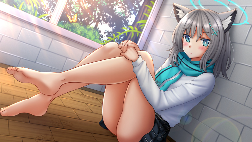 1girl animal animal_ear_fluff animal_ears bare_legs barefoot black_skirt blue_archive blue_eyes blue_scarf blush brick_wall bug butterfly closed_mouth commentary feet fringe_trim grey_hair hair_ornament halo highres indoors insect kazenokaze knees_up leg_hug long_hair long_sleeves looking_at_viewer on_floor pleated_skirt scarf shiroko_(blue_archive) shirt sitting skirt soles solo white_shirt window wooden_floor