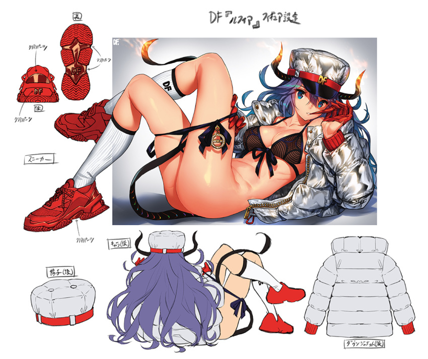 1girl ass bikini biting blue_eyes bra breasts demon_tail fire glove_biting glove_pull gloves gradient_hair hat horns jacket kneehighs long_hair long_sleeves looking_at_viewer lying multicolored_hair multiple_views on_side open_clothes original ornament panties panty_pull red_footwear red_gloves ribs saitou_masatsugu shoes sketch sleeves_past_wrists sneakers socks swimsuit tail translation_request underwear white_legwear