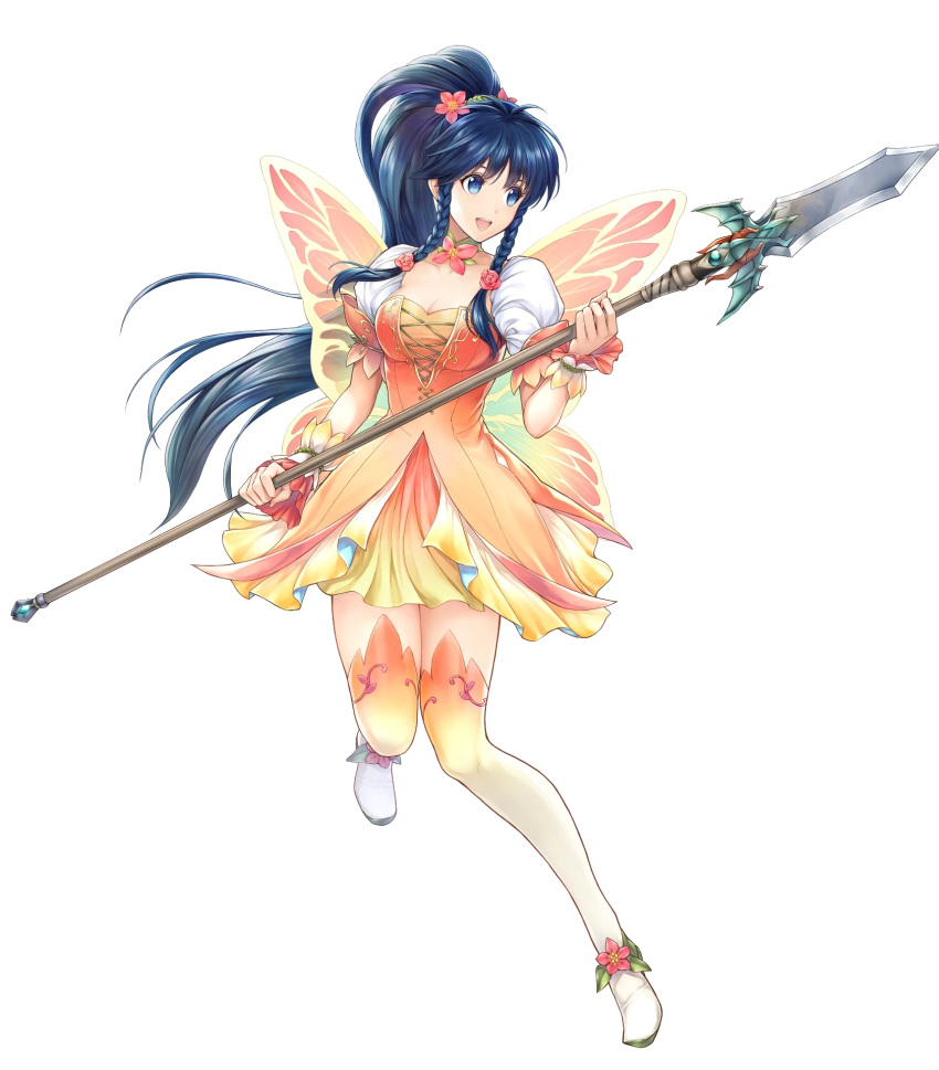 1girl blue_eyes blue_hair boots braid breasts butterfly_wings cleavage collarbone detached_collar dress fire_emblem fire_emblem:_the_sacred_stones fire_emblem_heroes flower full_body gradient gradient_clothes hair_flower hair_ornament highres holding holding_weapon lips long_hair looking_away medium_breasts official_art open_mouth polearm ponytail puffy_short_sleeves puffy_sleeves shiny shiny_hair short_dress short_sleeves smile spear tana_(fire_emblem) thigh_boots thighhighs tied_hair transparent_background twin_braids weapon wings wrist_cuffs yamada_koutarou zettai_ryouiki