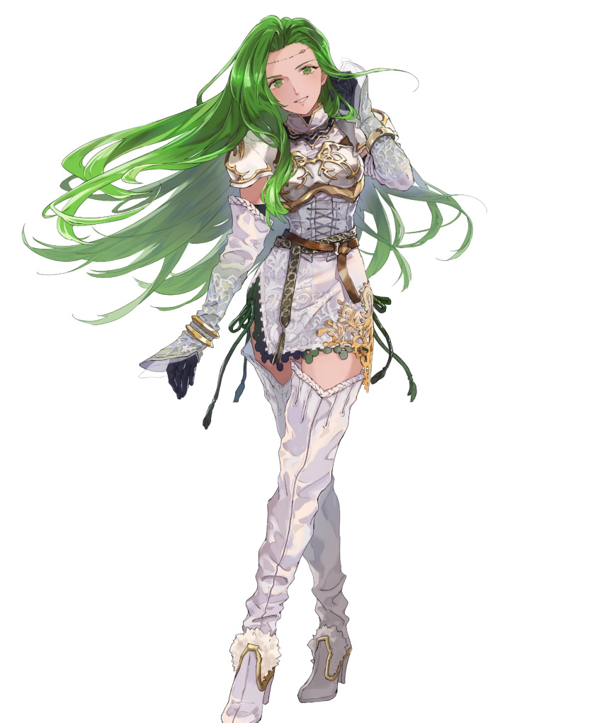 1girl annand_(fire_emblem) armor bangs belt black_gloves boots breastplate circlet dress elbow_gloves fire_emblem fire_emblem:_genealogy_of_the_holy_war fire_emblem_heroes full_body gloves green_eyes green_hair hand_up high_heels highres jewelry long_hair looking_at_viewer mayo_(becky2006) official_art parted_lips shiny shiny_hair short_dress shoulder_armor simple_background sleeveless smile solo standing thigh_boots thighhighs transparent_background white_dress zettai_ryouiki