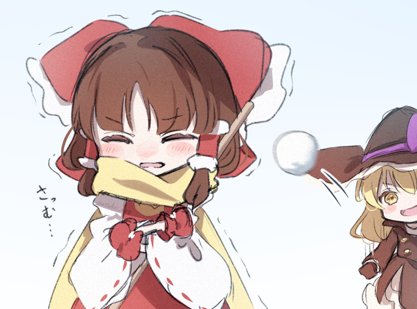2girls ascot black_coat black_mittens blonde_hair blush bow closed_eyes coat cold commentary_request deformed detached_sleeves facing_viewer forbidden_scrollery frilled_bow frilled_hair_tubes frills gagaku_kawa_rei hair_bow hair_tubes hakurei_reimu hat hat_bow kirisame_marisa mittens multiple_girls official_alternate_costume open_mouth purple_bow red_bow red_mittens red_skirt ribbon-trimmed_sleeves ribbon_trim scarf skirt skirt_set smile snowball throwing touhou trembling witch_hat yellow_ascot yellow_eyes yellow_scarf