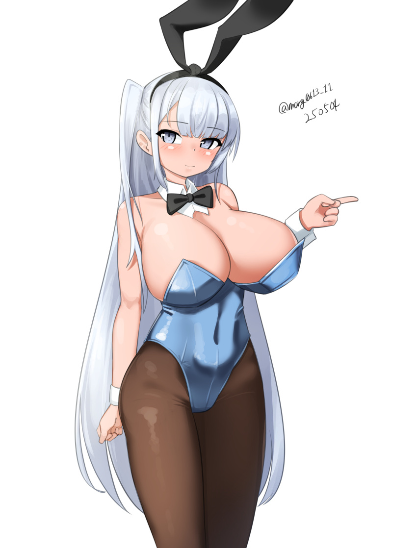 1girl absurdres alternate_breast_size_(larger) animal_ears black_pantyhose blue_bow blue_bowtie blue_leotard blush bow bowtie breasts commentary_request covered_navel cowboy_shot dated detached_collar fake_animal_ears fuyutsuki_(kancolle) grey_eyes grey_hair highres kantai_collection large_breasts leotard long_hair looking_at_viewer maru_(marg0613) one_side_up pantyhose playboy_bunny rabbit_ears rabbit_tail simple_background solo strapless strapless_leotard tail traditional_bowtie twitter_username very_long_hair white_background