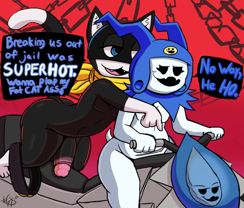 2021 4_fingers anthro atlus balls bandanna big_butt black_balls black_eyes black_mask black_penis blue_clothing blue_eyes blue_hat blue_headwear butt clothing dialogue dipstick_tail domestic_cat duo english_text fangs felid feline felis fingers genitals glans half-closed_eyes hat headgear headwear hi_res humanoid humanoid_on_anthro jack_frost_(megami_tensei) kerchief male male/male mammal megami_tensei megami_tensei_persona meme morgana_(persona) mostly_nude motorcycle multicolored_tail narrowed_eyes no_pupils no_way_fag not_safe_for_reality open_mouth penis pink_glans pink_penis propositioning raised_tail smile speech_bubble text thick_penis vehicle video_games white_body yellow_bandanna yellow_kerchief