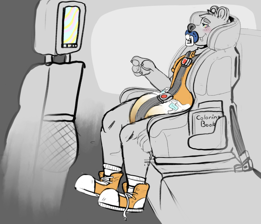 2021 4_fingers ambiguous_gender anthro blush bodily_fluids bottlebear bottlebear_(character) car_seat claws clothed clothing diaper digital_drawing_(artwork) digital_media_(artwork) drooling english_text feces fingers footwear genital_fluids hi_res hypnosis infantilism mammal messy_diaper mind_control orange_clothing pacifier ringed_eyes saliva scat shoes sitting smile sneakers socks soiling solo text topwear urine ursid used_diaper wet_diaper wetting