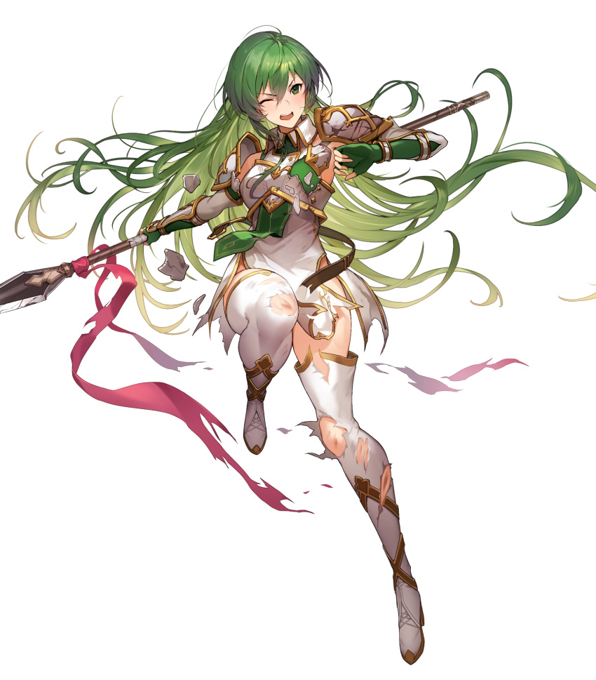 1girl arm_guards armor bangs belt boots breastplate broken broken_armor broken_weapon brown_belt closed_mouth dress elbow_gloves erinys_(fire_emblem) fingerless_gloves fire_emblem fire_emblem:_genealogy_of_the_holy_war fire_emblem_heroes full_body gloves green_eyes green_gloves green_hair high_heels highres holding holding_weapon kakage leg_up long_hair official_art one_eye_closed open_mouth polearm shiny shiny_hair short_dress shoulder_armor sleeveless spear thigh_boots thighhighs thighs torn_clothes transparent_background weapon white_dress white_footwear zettai_ryouiki