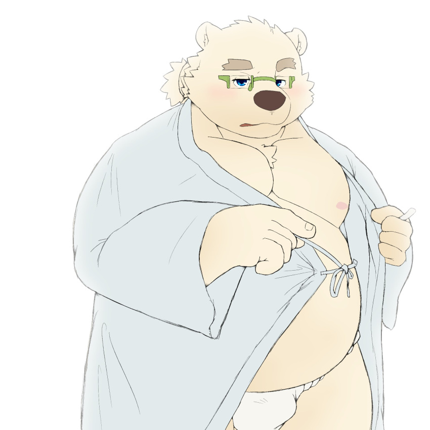 1:1 2021 anthro areola asian_clothing belly blush bulge clothing east_asian_clothing eyewear fundoshi glasses hi_res japanese_clothing k_gutless kemono leib_(tas) male mammal moobs nipples overweight overweight_anthro overweight_male polar_bear robe simple_background solo tokyo_afterschool_summoners underwear ursid ursine video_games white_background