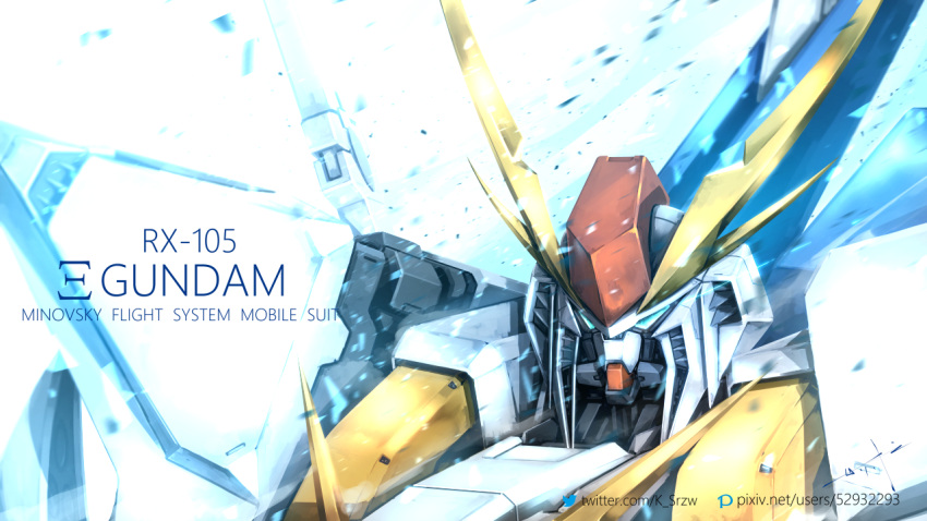 character_name commentary_request english_text green_eyes gundam gundam_hathaway's_flash looking_at_viewer mecha mobile_suit no_humans pixiv_id science_fiction serike_w snowing solo twitter_username upper_body v-fin wind xi_gundam