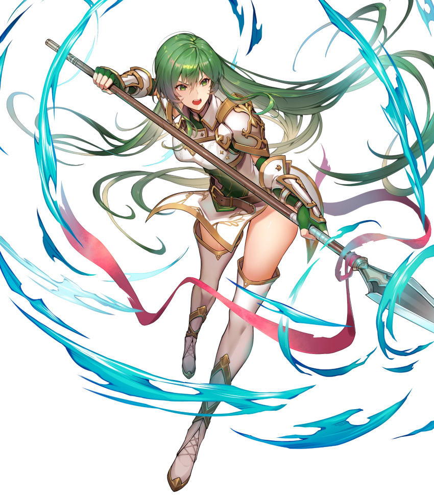 1girl arm_guards armor bangs belt boots breastplate brown_belt closed_mouth dress elbow_gloves erinys_(fire_emblem) fingerless_gloves fire_emblem fire_emblem:_genealogy_of_the_holy_war fire_emblem_heroes full_body gloves green_eyes green_gloves green_hair highres holding holding_weapon kakage long_hair official_art open_mouth polearm shiny shiny_hair short_dress shoulder_armor sleeveless spear thigh_boots thighhighs thighs transparent_background weapon white_dress white_footwear zettai_ryouiki