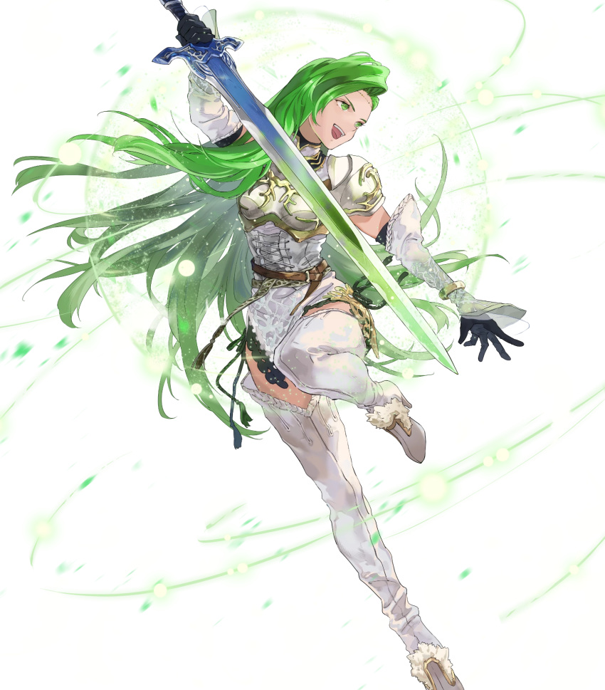 1girl annand_(fire_emblem) armor bangs belt black_gloves boots breastplate circlet dress elbow_gloves fire_emblem fire_emblem:_genealogy_of_the_holy_war fire_emblem_heroes full_body gloves green_eyes green_hair high_heels highres holding holding_sword holding_weapon jewelry leg_up long_hair looking_away mayo_(becky2006) official_art open_mouth shiny shiny_hair short_dress shoulder_armor simple_background sleeveless smile solo sword thigh_boots thighhighs transparent_background weapon white_dress zettai_ryouiki