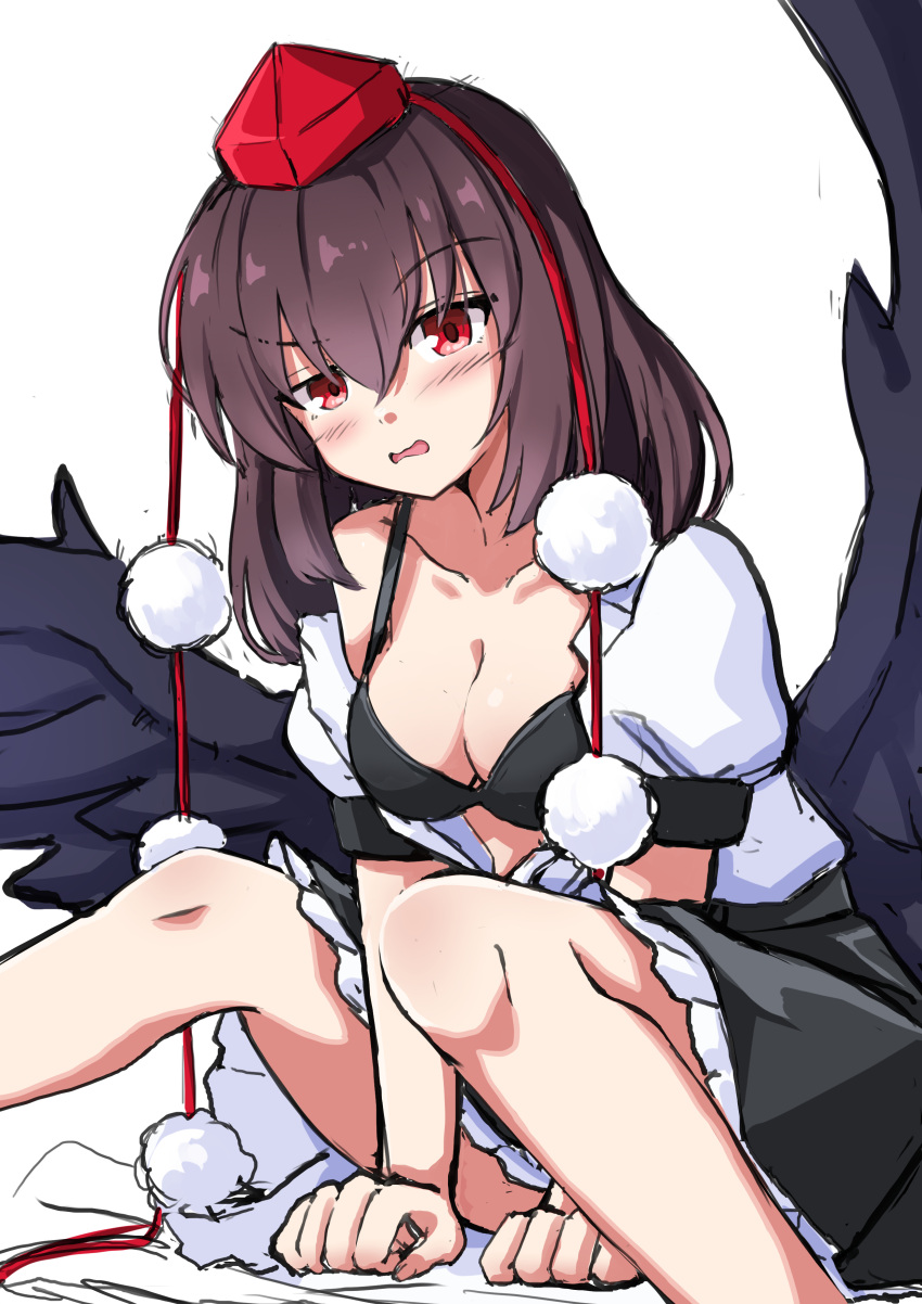 1girl absurdres bird_wings black_bra black_skirt black_wings blush bra brown_hair commentary frilled_skirt frills hat highres looking_at_viewer open_clothes open_shirt pom_pom_(clothes) puffy_short_sleeves puffy_sleeves red_eyes red_hat shameimaru_aya shirt short_sleeves sitting skirt solo tokin_hat touhou underwear white_shirt wings yuuka_(a0240765)