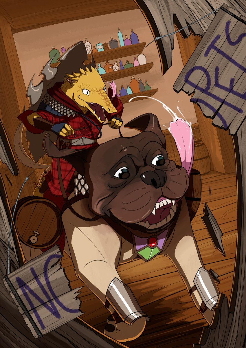 2020 2_toes 4_fingers 5_fingers absurd_res alcohol_bottle ambiguous_feral ambiguous_gender anthro armor arms_bent bar barrel beverage_bottle black_eyes black_nose black_pawpads blue_clothing blue_fingerless_gloves blue_gloves blue_handwear bottle brown_body brown_eyes brown_fur brown_horn canid canine canis chainmail chuul clothed clothed_anthro clothed_male clothing colored container destruction digital_drawing_(artwork) digital_media_(artwork) dogbert_(oxventure) domestic_dog dragonborn_(dnd) dungeons_and_dragons duo egbert_(oxventure) english_description fangs feet feral fingerless_gloves fingers floppy_ears fur furrowed_eyebrows gloves greaves handwear hasbro hi_res holding_reins horn inkarat_mittongtare inside light lighting long_tongue male male_anthro mammal mastiff midair molosser multicolored_body multicolored_fur no_eyebrows open_mouth open_smile oxventure paladin pawpads paws pink_tongue plaid_robe red_clothing red_robe reins riding robe scales scalie shaded shelf shield shield_on_back short_horn sitting sitting_on_another small_horn smile tan_body tan_fur tan_wall teeth toes tongue tongue_out wall_(structure) wizards_of_the_coast yellow_body yellow_scales
