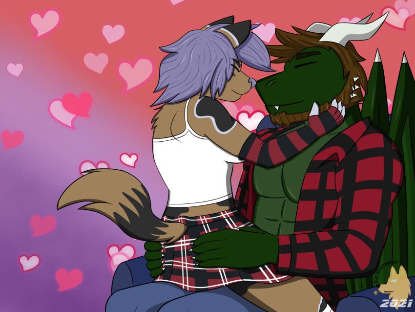&lt;3 4:3 african_wild_dog anthro bottomwear brown_body brown_fur canid canine clothed clothing djcoyoteguy dragon duo female fur garrett_cooper gradient_background green_body green_scales hair hi_res holidays horn male male/female mammal nyami open_clothing open_shirt open_topwear purple_hair scales scalie shirt simple_background skirt spots spotted_body spotted_fur topwear valentine's_day wings