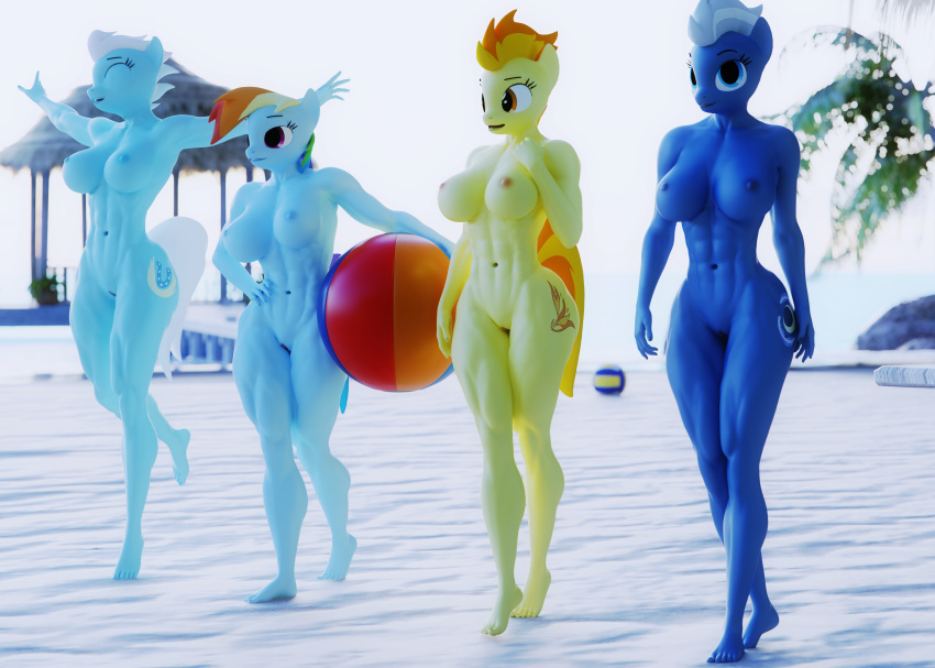 abs absurd_res anthro anthrofied beach big_breasts breasts casual_nudity cutie_mark dashie116 equid equine female fleetfoot_(mlp) friendship_is_magic genitals hasbro hi_res mammal muscular muscular_female my_little_pony night_glider_(mlp) nipples nude nude_beach outside pussy rainbow_dash_(mlp) seaside spitfire_(mlp) wonderbolts_(mlp)