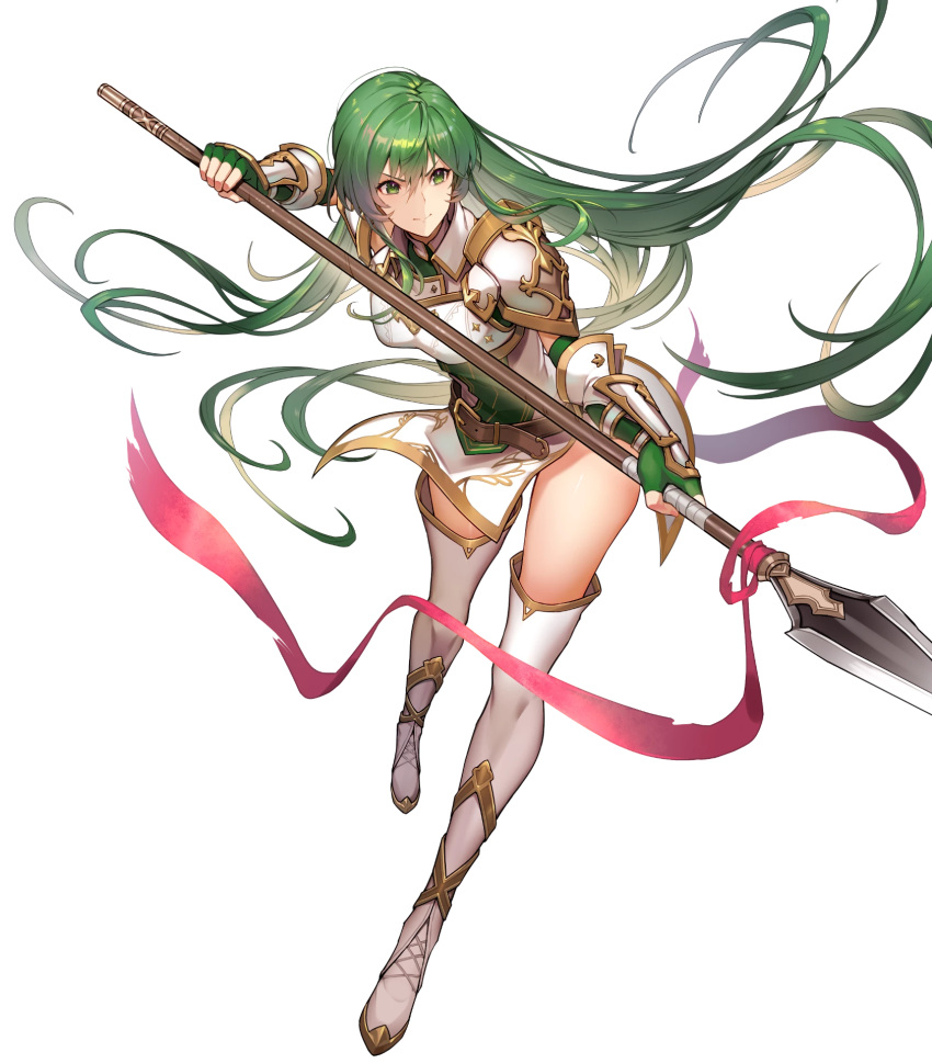 1girl arm_guards armor bangs belt boots breastplate brown_belt closed_mouth dress elbow_gloves erinys_(fire_emblem) fingerless_gloves fire_emblem fire_emblem:_genealogy_of_the_holy_war fire_emblem_heroes full_body gloves green_eyes green_gloves green_hair highres holding holding_weapon kakage long_hair looking_away official_art polearm shiny shiny_hair short_dress shoulder_armor sleeveless spear thigh_boots thighhighs thighs transparent_background weapon white_dress white_footwear zettai_ryouiki