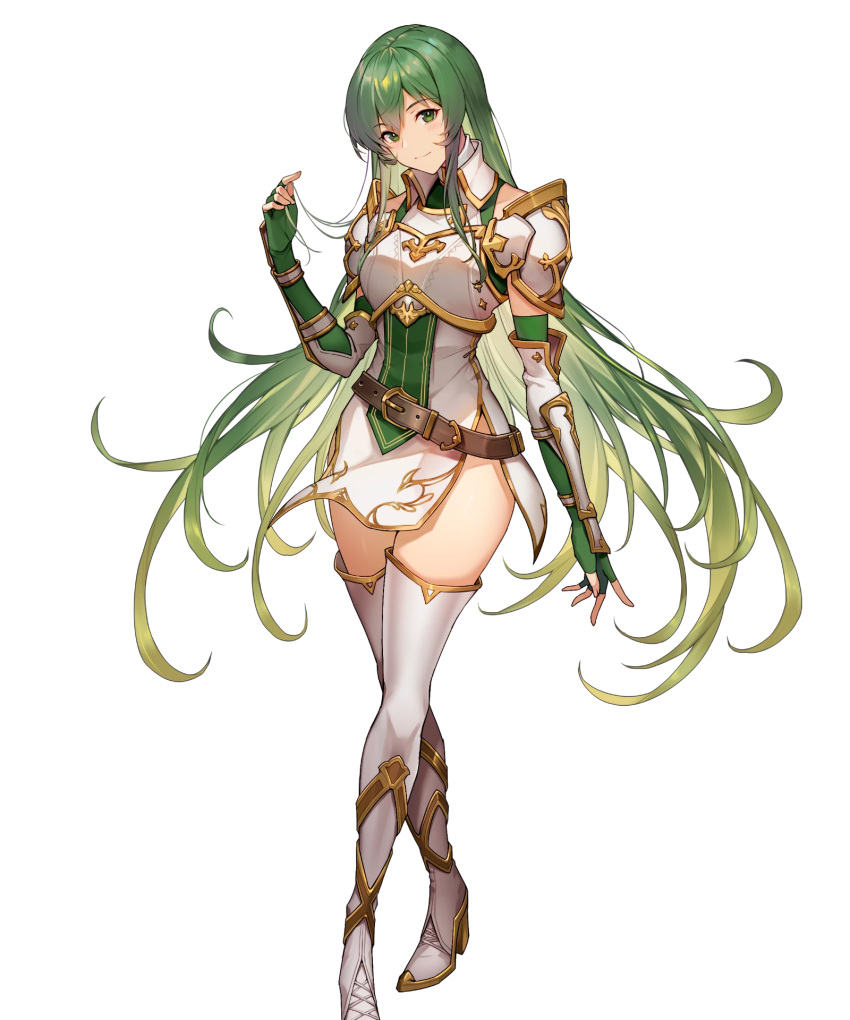 1girl arm_guards armor bangs belt boots breastplate brown_belt closed_mouth dress elbow_gloves erinys_(fire_emblem) fingerless_gloves fire_emblem fire_emblem:_genealogy_of_the_holy_war fire_emblem_heroes full_body gloves green_eyes green_gloves green_hair high_heels highres kakage long_hair looking_at_viewer official_art shiny shiny_hair short_dress shoulder_armor sleeveless smile standing thigh_boots thighhighs thighs transparent_background white_dress white_footwear zettai_ryouiki