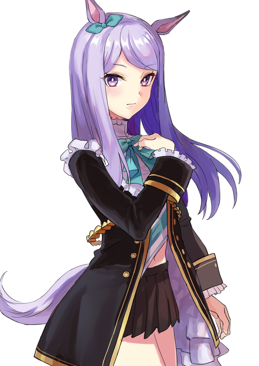 1girl absurdres animal_ears aqua_bow black_jacket black_skirt blush bow bowtie breasts closed_mouth coat commentary_request ear_bow ear_ribbon frilled_coat frilled_jacket frills highres horse_ears horse_girl horse_tail jacket long_hair long_sleeves looking_at_viewer mejiro_mcqueen_(frontline_elegance)_(umamusume) mejiro_mcqueen_(umamusume) midriff_peek mou_(piooooon) navel pleated_skirt purple_eyes purple_hair ribbon shirt simple_background skirt small_breasts solo striped_clothes striped_shirt tail umamusume white_background