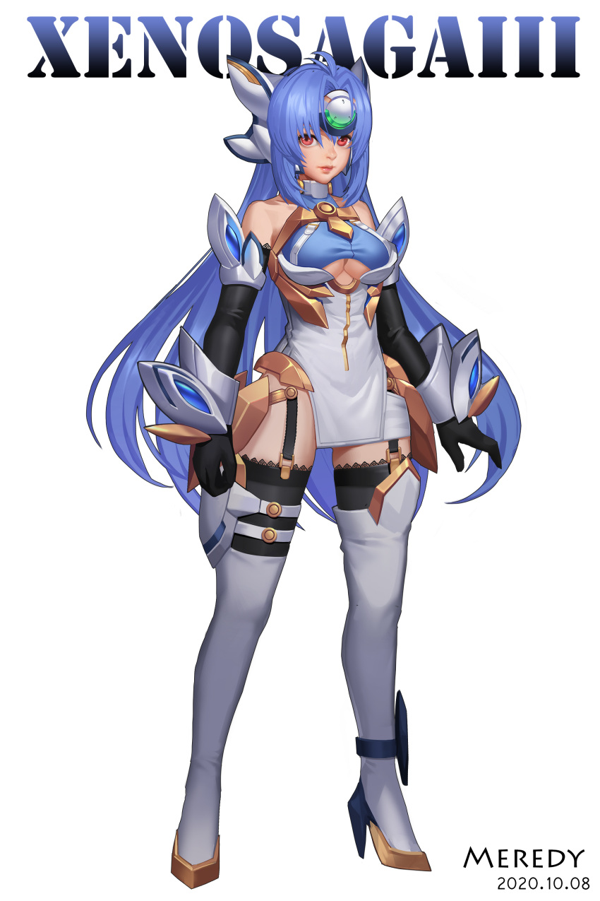 1girl absurdres ahoge android bare_shoulders blue_hair boots breasts closed_mouth clothing_cutout dated dress elbow_gloves expressionless forehead_protector full_body garter_straps gloves halter_dress halterneck highres kos-mos kos-mos_ver._4 lace-trimmed_legwear lace_trim long_hair mecha_musume medium_breasts pelvic_curtain red_eyes solo thigh_boots thighhighs underboob underboob_cutout xenosaga xenosaga_episode_iii yugioh007