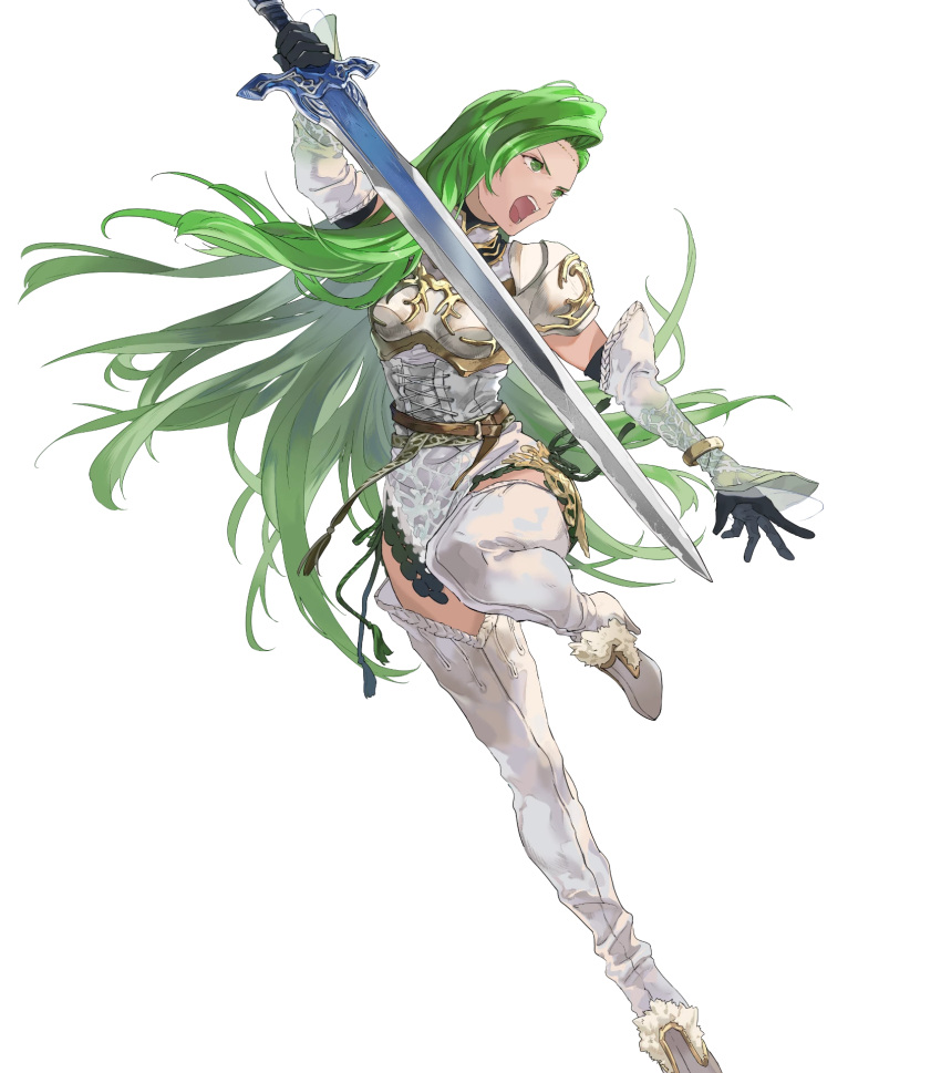 1girl annand_(fire_emblem) armor bangs belt black_gloves boots breastplate circlet dress elbow_gloves fire_emblem fire_emblem:_genealogy_of_the_holy_war fire_emblem_heroes full_body gloves green_eyes green_hair high_heels highres holding holding_sword holding_weapon jewelry leg_up long_hair looking_away mayo_(becky2006) official_art shiny shiny_hair short_dress shoulder_armor simple_background sleeveless solo sword thigh_boots thighhighs transparent_background weapon white_dress zettai_ryouiki