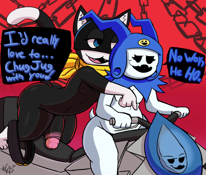 2021 4_fingers anthro atlus balls bandanna big_butt black_balls black_eyes black_mask black_penis blue_clothing blue_eyes blue_hat blue_headwear butt clothing dialogue dipstick_tail domestic_cat duo english_text fangs felid feline felis fingers genitals glans half-closed_eyes hat headgear headwear hi_res humanoid humanoid_on_anthro jack_frost_(megami_tensei) kerchief male male/male mammal megami_tensei megami_tensei_persona morgana_(persona) mostly_nude motorcycle multicolored_tail narrowed_eyes no_pupils not_safe_for_reality open_mouth penis pink_glans pink_penis propositioning raised_tail smile speech_bubble text thick_penis vehicle video_games white_body yellow_bandanna yellow_kerchief