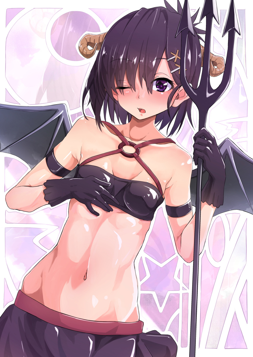 1girl absurdres armband bangs bare_shoulders black_gloves black_hair black_skirt breasts clip_studio_paint_(medium) collarbone crop_top crop_top_overhang demon_girl demon_horns demon_wings eyebrows_visible_through_hair gabriel_dropout gloves hair_between_eyes hair_ornament hairclip highres holding holding_polearm holding_weapon horns medium_hair navel one_eye_closed open_mouth polearm purple_eyes shuutou_haruka skirt sleeveless small_breasts solo standing stomach trident tsukinose_vignette_april upper_body weapon wings x_hair_ornament