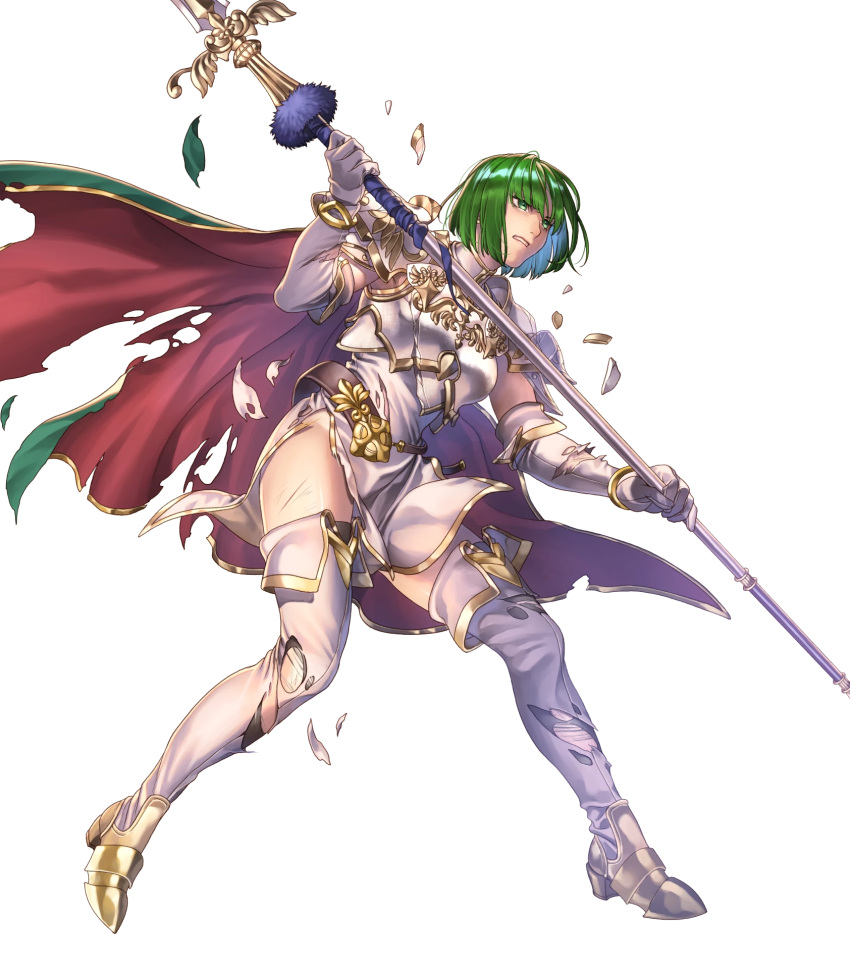 1girl armor belt black_legwear boots breastplate broken_armor cape clenched_teeth dithorba_(fire_emblem) dress elbow_gloves fire_emblem fire_emblem:_genealogy_of_the_holy_war fire_emblem_heroes full_body gloves gold_trim green_eyes green_hair high_heels highres holding holding_weapon looking_away official_art parted_lips polearm shiny shiny_hair shiny_skin short_dress short_hair shoulder_armor sleeveless solo spear teeth thigh_boots thighhighs thighs torn_cape torn_clothes transparent_background turtleneck weapon white_dress white_footwear white_gloves yoneko_okome99 zettai_ryouiki