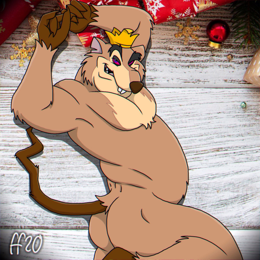 1:1 2020 4_fingers anthro brown_body brown_fur buckteeth butt butt_pose crown_only fabfelipe fingers fur headgear headgear_only hi_res looking_at_viewer male mammal mouse mouse_king_(nutcracker_prince) murid murine notched_ear nude overweight overweight_anthro overweight_male pink_sclera pose rodent seductive solo teeth the_nutcracker_prince