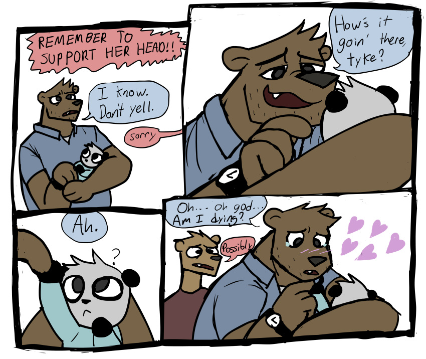 &lt;3 absurd_res anthro baby bodily_fluids brown_bear brown_eyes clock clothed clothing clyde_(happyroadkill) comic daughter dialogue facial_hair father father_and_child father_and_daughter female flat_colors fully_clothed giant_panda group happyroadkill hi_res male mammal parent parent_and_child polo_shirt riley_(happyroadkill) shirt simple_background t-shirt tears teddy_(happyroadkill) topwear ursid ursine watch white_background young