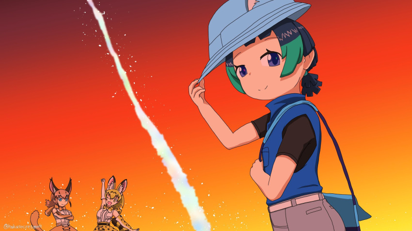 1boy 2girls ^_^ animal_ear_fluff animal_ears arm_up bag bare_shoulders belt black_hair black_shirt blonde_hair blue_eyes blue_shirt blue_vest bow bowtie brown_hair bucket_hat caracal_(kemono_friends) cat_girl cat_tail closed_eyes closed_mouth commentary_request crossed_arms ears_through_headwear elbow_gloves extra_ears gloves gradient_sky green_eyes green_hair hakasecretgash hand_on_headwear hand_up hat hat_feather high-waist_skirt highres kemono_friends kemono_friends_2 kyururu_(kemono_friends) looking_at_viewer low_ponytail multicolored_hair multiple_girls open_mouth orange_bow orange_bowtie orange_hair orange_sky outdoors ponytail print_bow print_bowtie print_gloves print_skirt purple_eyes serval_(kemono_friends) shirt short_hair short_ponytail short_sleeves shorts shoulder_bag skirt sky sleeveless sleeveless_shirt smile tail traditional_bowtie twitter_username two-tone_hair vest yellow_bow yellow_bowtie