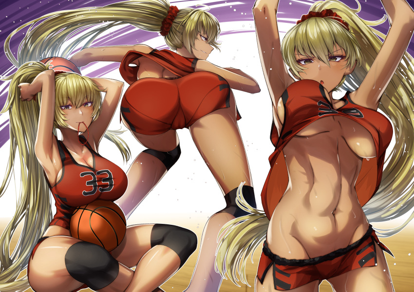 1girl abs absurdres ass ball basketball basketball_uniform blonde_hair breasts cluseller commission commissioner_upload dark_skin fire_emblem fire_emblem:_the_binding_blade highres huge_filesize igrene_(fire_emblem) large_breasts long_hair looking_at_viewer ponytail sportswear underboob yellow_eyes