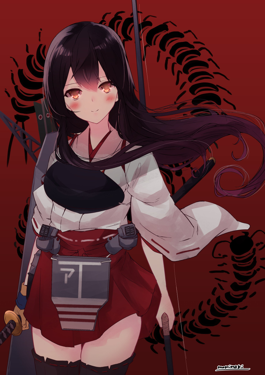 1girl absurdres akagi_(kancolle) black_hair black_legwear bow_(weapon) brown_gloves cowboy_shot flight_deck gloves hakama hakama_skirt highres japanese_clothes kantai_collection long_hair momiji_(103) muneate orange_eyes partially_fingerless_gloves red_hakama remodel_(kantai_collection) single_glove solo standing sword tasuki thighhighs weapon yugake