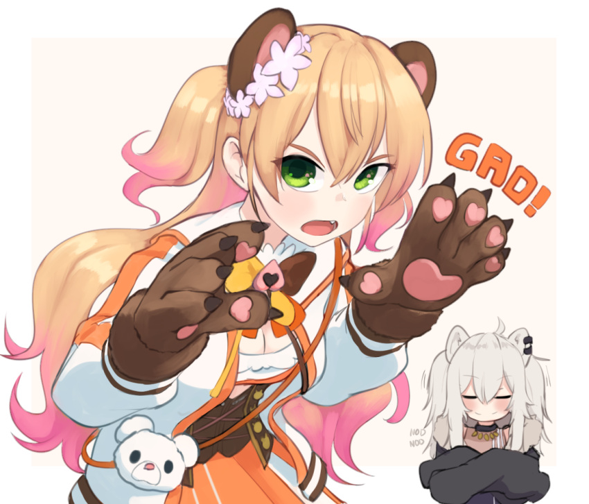 2girls animal_ears bear_ears blonde_hair blush border bow bowtie breasts claw_pose cleavage closed_eyes commentary crossed_arms english_commentary facing_viewer fang flower gao gloves gradient_hair green_eyes grey_hair hair_between_eyes hair_flower hair_ornament hands_up hololive jacket lion_ears long_hair long_sleeves looking_at_viewer medium_breasts momosuzu_nene motion_lines multicolored_hair multiple_girls nodding open_clothes open_jacket open_mouth orange_skirt paw_gloves paws shishiro_botan skirt smile solo_focus two_side_up virtual_youtuber white_border white_jacket yoako