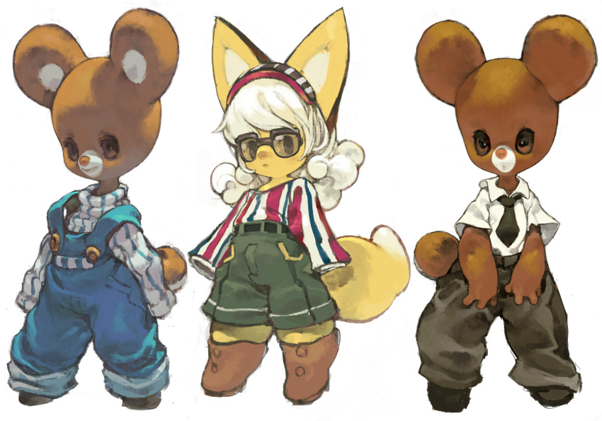 2017 ambiguous_gender anthro belt bottomwear brown_body canid canine clothing eyewear footwear fox glasses group hair hi_res koki looking_at_viewer mammal necktie open_mouth overalls shirt shoes shorts simple_background standing topwear ursid white_background white_hair yellow_body