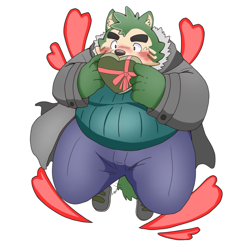 &lt;3 1:1 anthro belly blush candy canid canine canis chocolate dessert domestic_dog eyebrows food fur giftbox green_body green_fur hi_res holidays live-a-hero male mammal mokdai puss3250 slightly_chubby solo thick_eyebrows valentine's_day