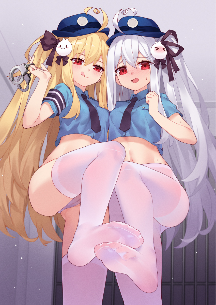 2girls :d :q absurdres ahoge armband black_bow black_ribbon blonde_hair blue_headwear blue_shirt blush bow breast_pocket closed_mouth collared_shirt crop_top cuffs embarrassed from_below hair_bow hair_ornament hair_ribbon handcuffs hat highres holding long_hair looking_at_viewer midriff multiple_girls navel necktie niliu_chahui nose_blush one_side_up open_mouth original panties pantyhose pocket police police_hat red_eyes ribbon shackles shirt short_necktie short_sleeves silver_hair smile standing standing_on_one_leg stomach thighhighs tokisaki_asaba tokisaki_mio tongue tongue_out underwear very_long_hair white_legwear white_panties